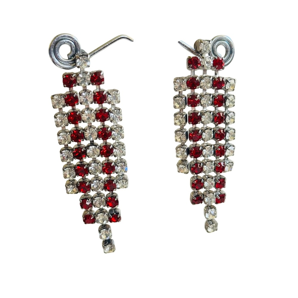 Art Deco Waterfall Earrings VTG Jeweled Rhinestone Dangle post red clear 2.75"